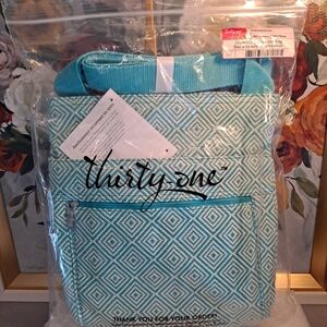thirty-one Teal and White Diamond-Print Textile Graphic Organizer Shoulder Bag